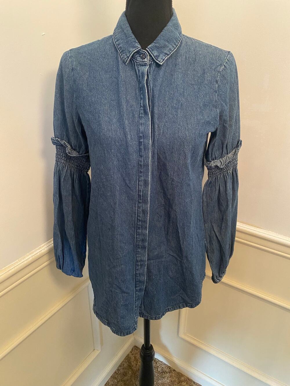 The Fifth Label Denim Smocked Balloon Bishop Sleeve Button-Down Shirt Top Ruffle